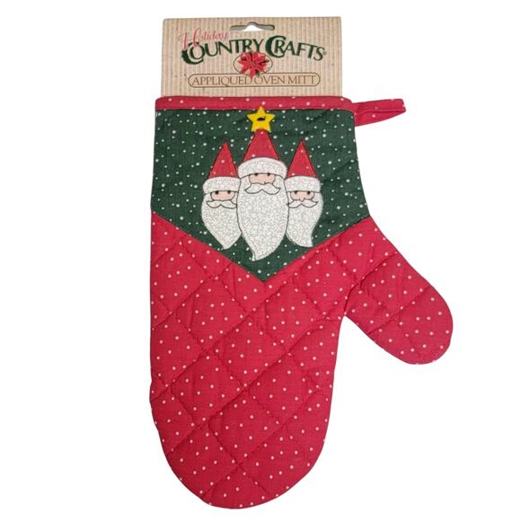 VTG 90s Christmas Oven Mitt Santa Claus Applique Stars Red Green Holiday Country - Picture 1 of 5